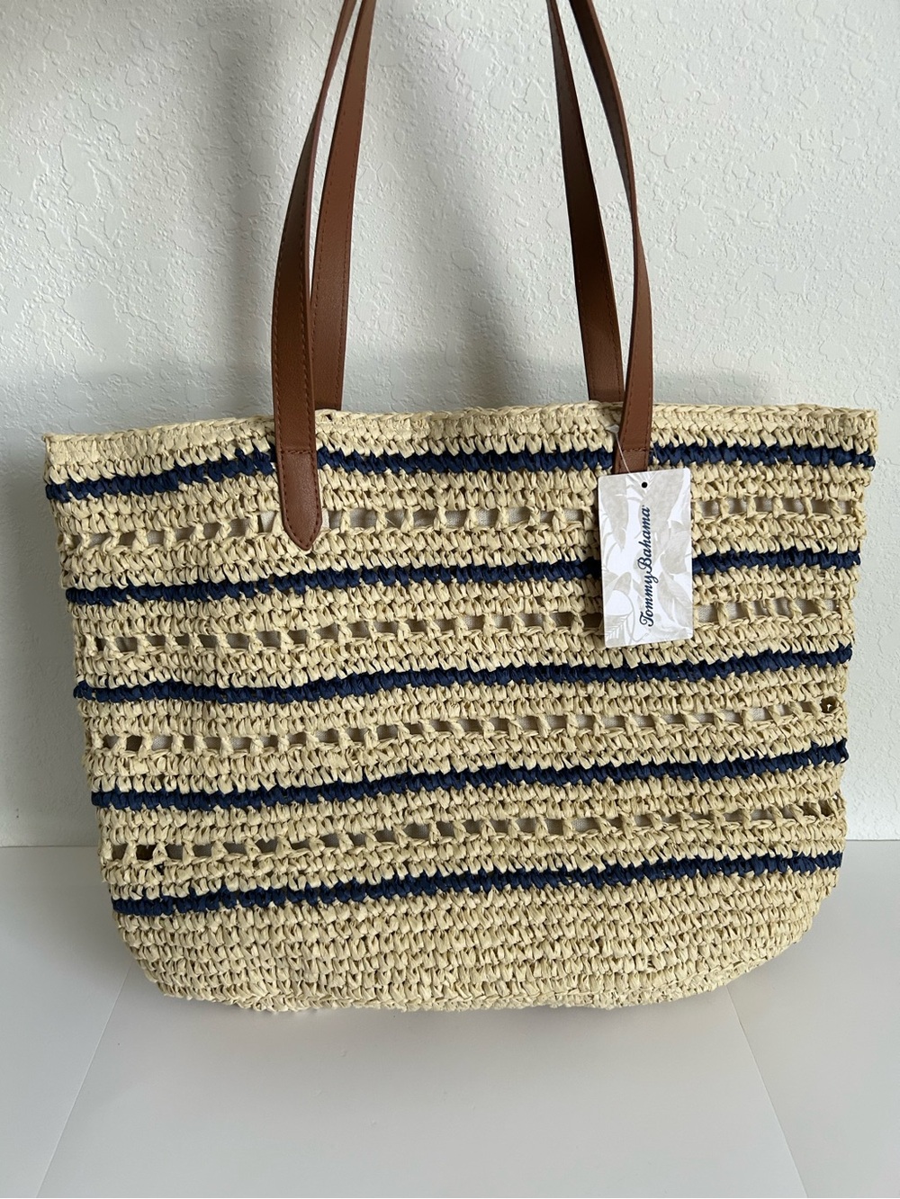 Tommy Bahama Natural Straw Tote with Navy Stripes and Brown Handles